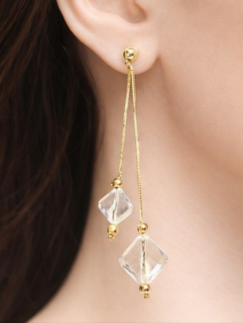 Clear Acrylic Beads Drop Earrings w/ Gold-tone Fringe Chain Dangle Chic Jewelry